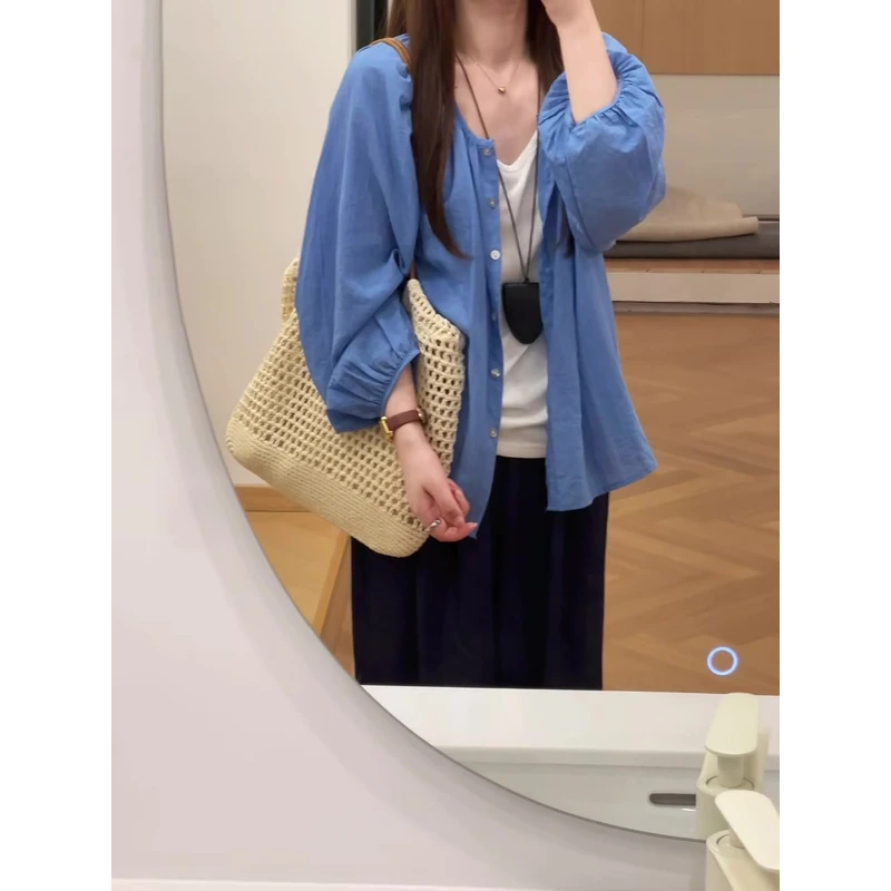 轻薄韩系简约春夏天丝麻圆领单排扣防晒小衫女宽松显瘦泡泡袖上衣