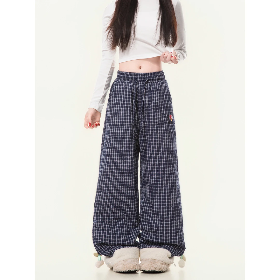 cuwu蓝色格子裤棉裤女冬季保暖加绒加厚裤子慵懒风直筒阔腿休闲裤