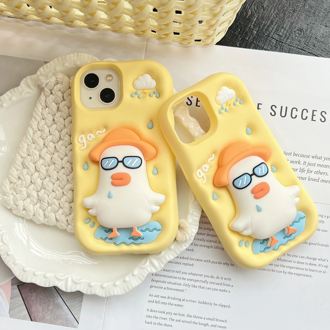 苹果|墨镜草帽鸭子支架可爱适用iPhone16卡通解压15pro硅胶手机壳