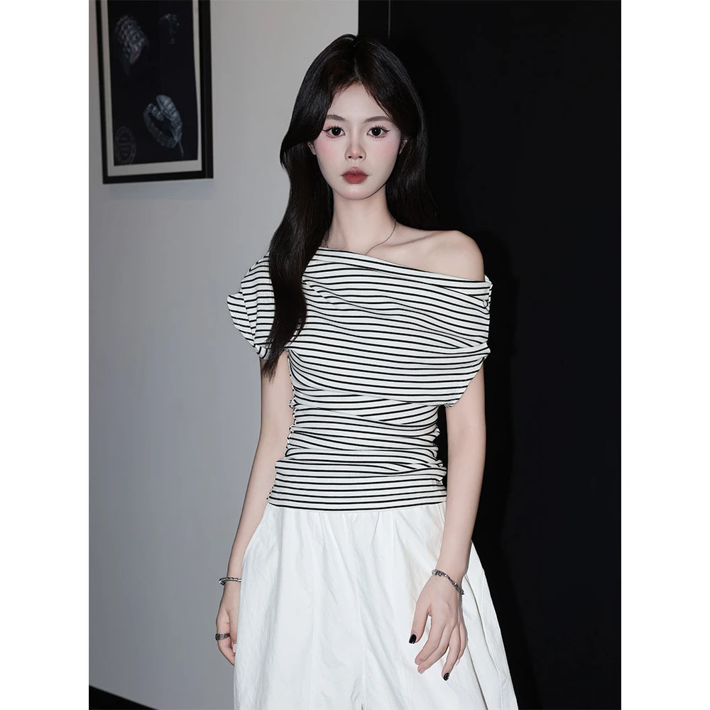 美式黑色条纹斜肩T恤衫女夏季ins内搭休闲短袖收腰上衣显瘦气质