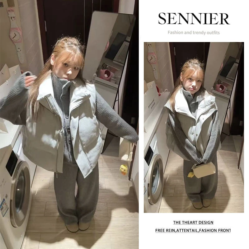 2025秋季新款百搭立领马甲纯色长袖针织衫显瘦阔腿休闲裤三件套女