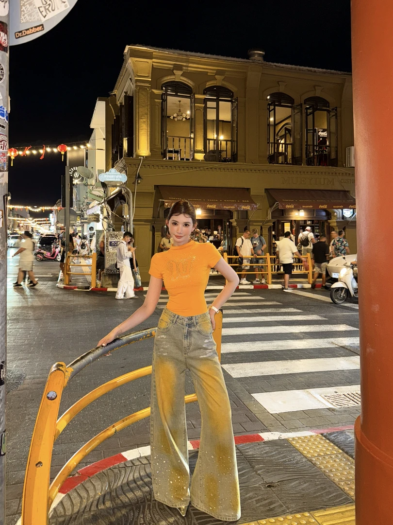 婉君【腮橙钻石裤】韩系时尚设计感气质宽松阔腿牛仔裤LWJ25A1K374