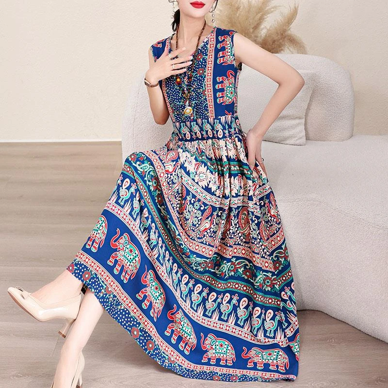 云南民族风棉绸连衣裙旅游海边度假沙滩裙波西米亚印花大摆长裙子