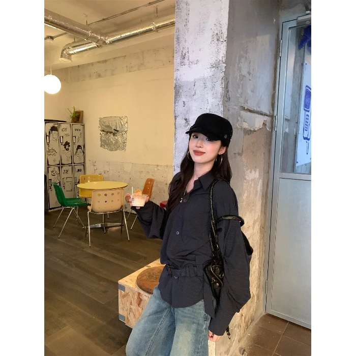 韩系条纹polo领长袖衬衫女秋季中长款外套衬衣设计感气质开衫上衣
