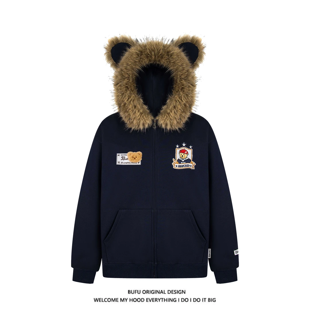 【官方店】亿万少年BUFU小熊毛领开衫外套男女情侣款学院风连帽卫衣