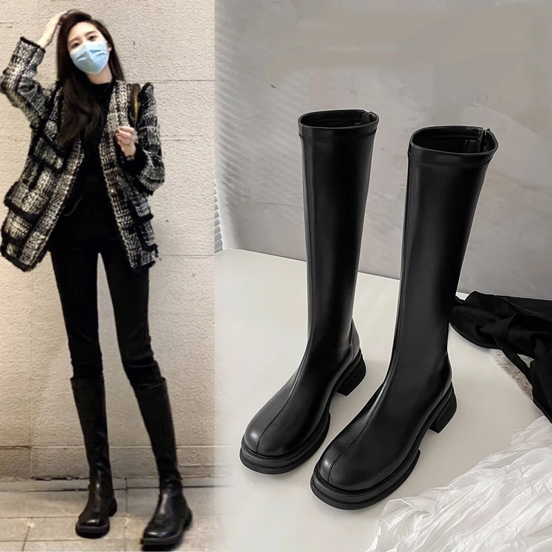 现货高筒靴女2025新款长筒靴厚底骑士靴弹力加绒不过膝长靴子马靴