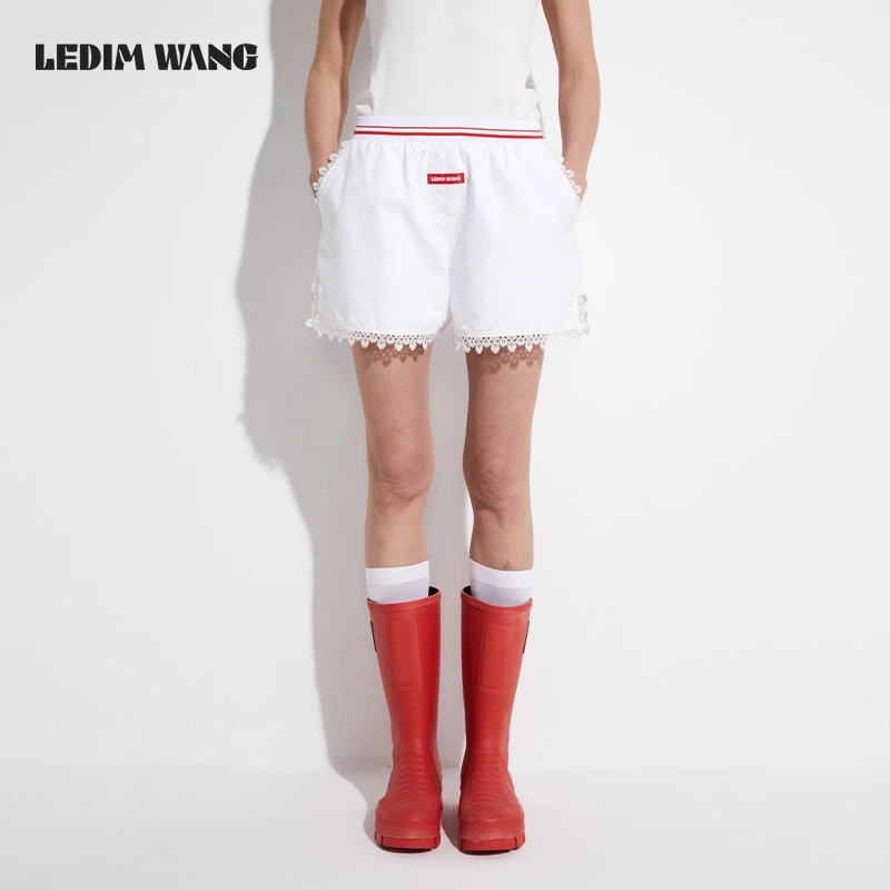ledim wang【红标系列】蕾丝花边休闲裤女夏2025新款松紧短裤