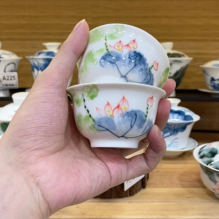 手绘2个装五彩荷花压手杯85cc 瑕疵福利款
