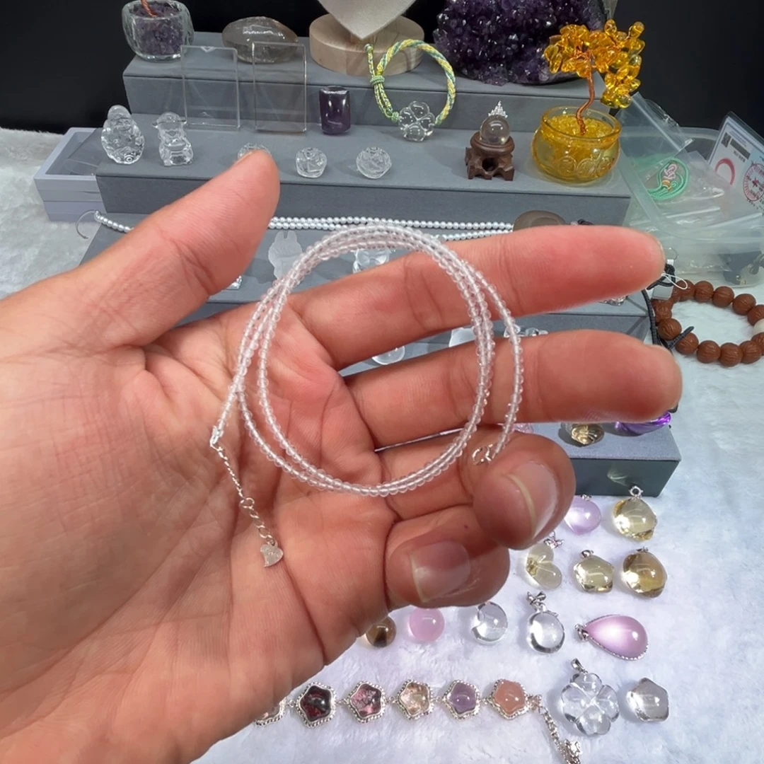 摆件水晶银S925镶嵌白水晶小米链加长款