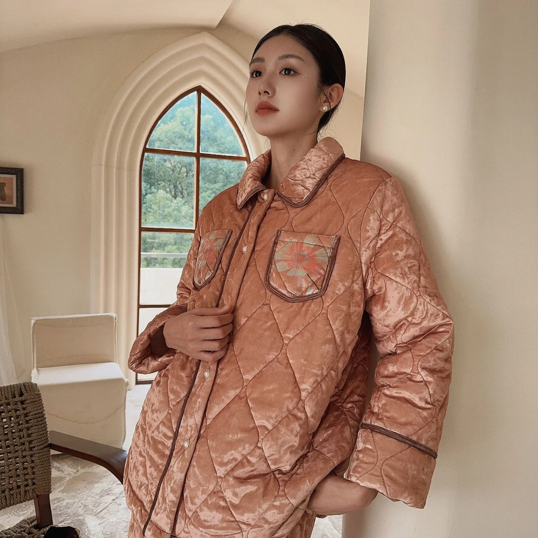 长袖长裤夹棉钻石绒女冬季保暖特厚睡衣家居服套装V5T1157