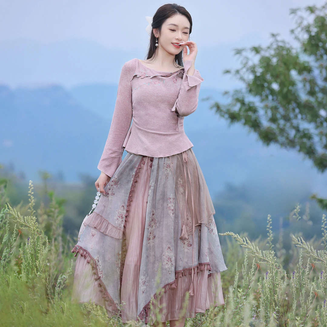 烟花烫国风复古气质显瘦套装女修身针织衫上衣半身裙 箫玉玉箫