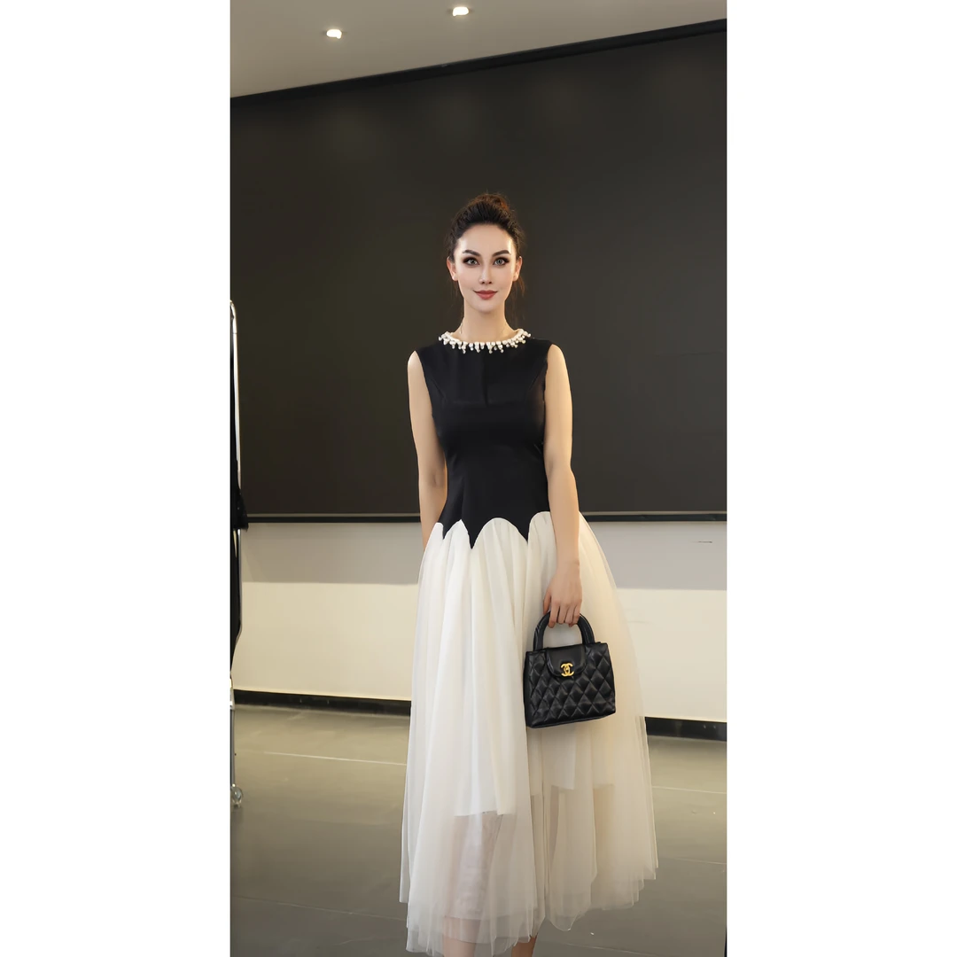 高贵时尚轻奢长款收腰名媛优雅拼接显瘦气质复古法式连衣裙9010