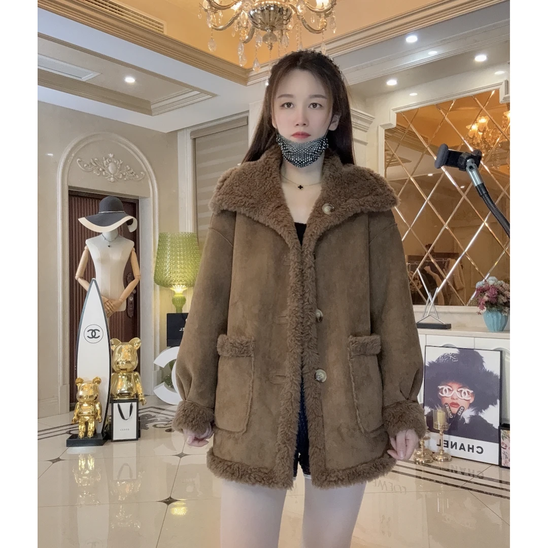 【猫姐家】真毛100%绵羊毛一体皮草外套女中长款宽松时尚