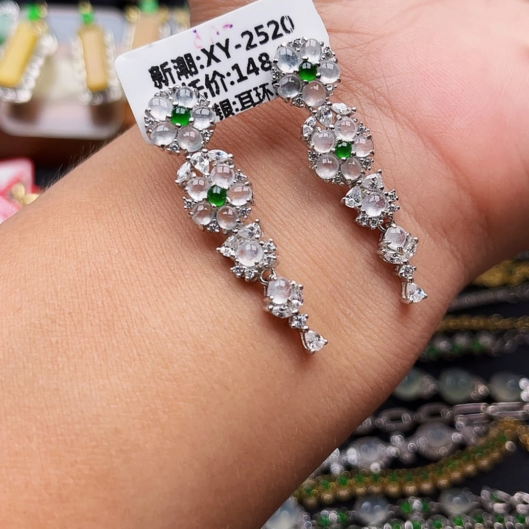 翡翠银S925镶嵌戒指缅甸天然A货翡翠耳钉