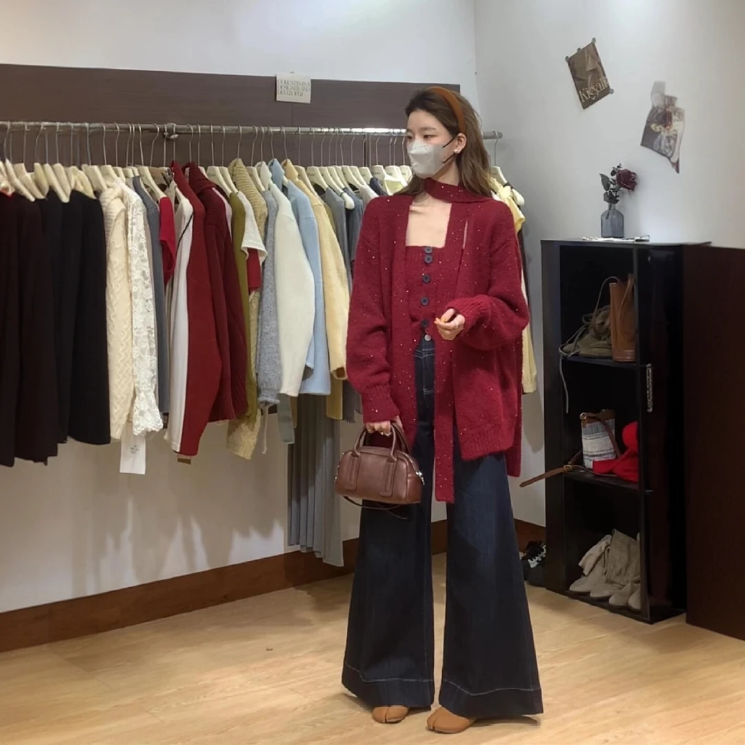 INS CEC秋冬红色针织毛衣亮闪闪背心飘带时尚休闲牛仔裤三件套