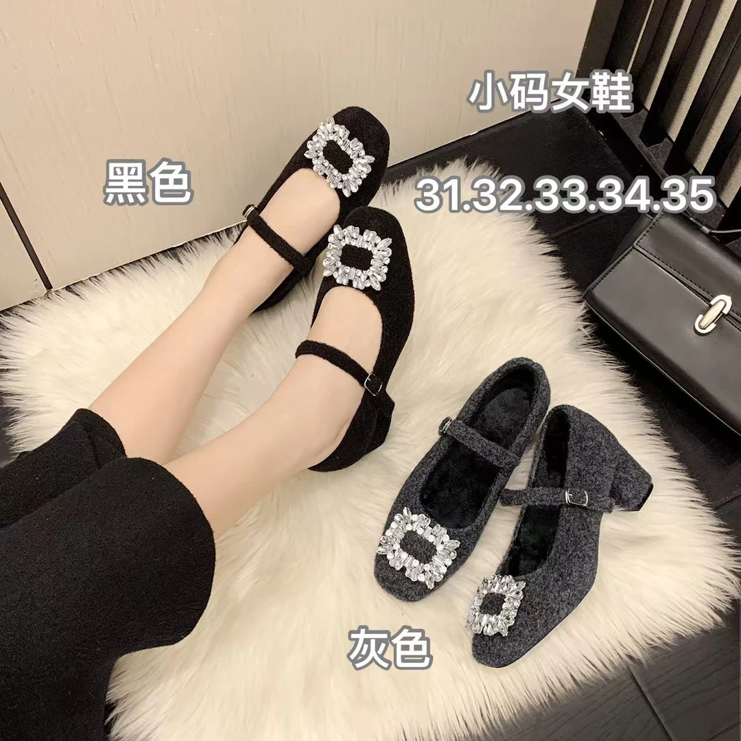 小码313233码灰色玛丽珍鞋方头水钻高跟鞋加绒保暖浅口粗跟单鞋