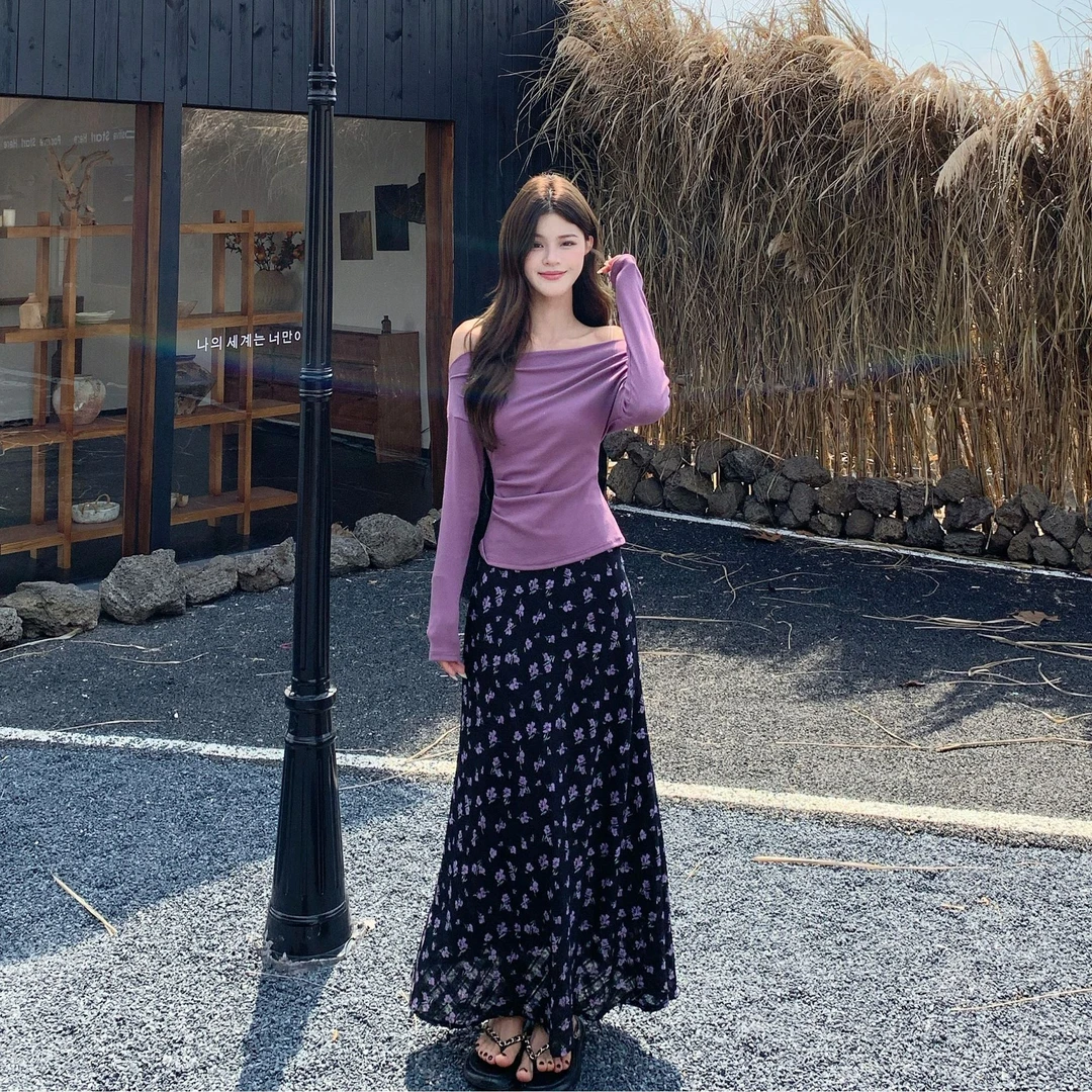 7206#斜肩不规则长袖T恤女修身显瘦高腰碎花半身裙女2025秋季套装