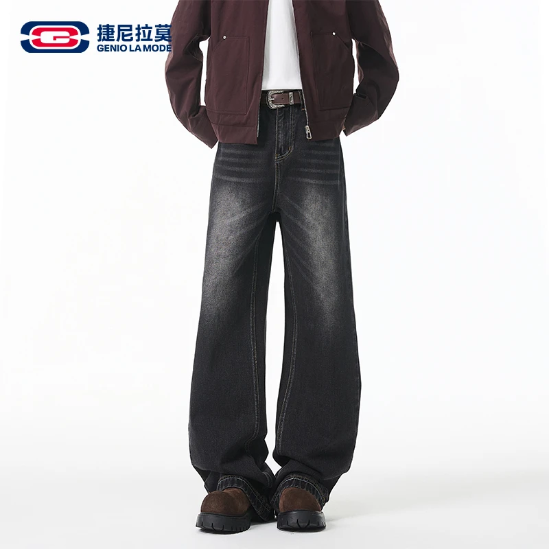 【敖瑞鹏代言】GENIOLAMODE美式高街牛仔裤男秋冬阔腿宽松加绒长裤