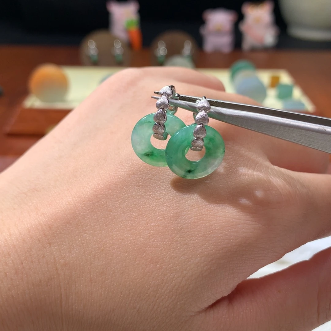 未镶嵌定制翡翠“青提啵啵甜甜圈一对”含镶嵌