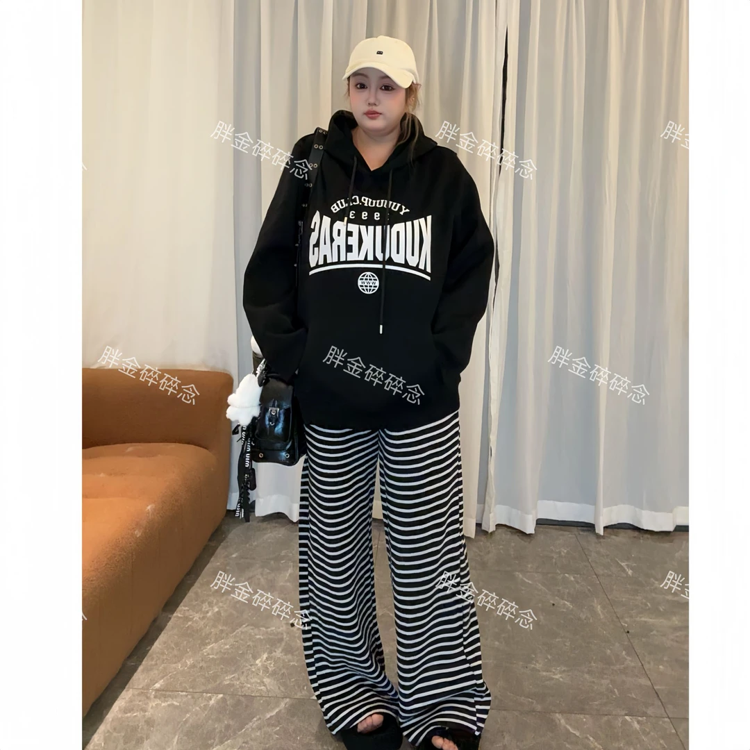 胖mm大码女装针织条纹韩版宽松高腰直筒裤黑白休闲裤ins筒裤秋冬