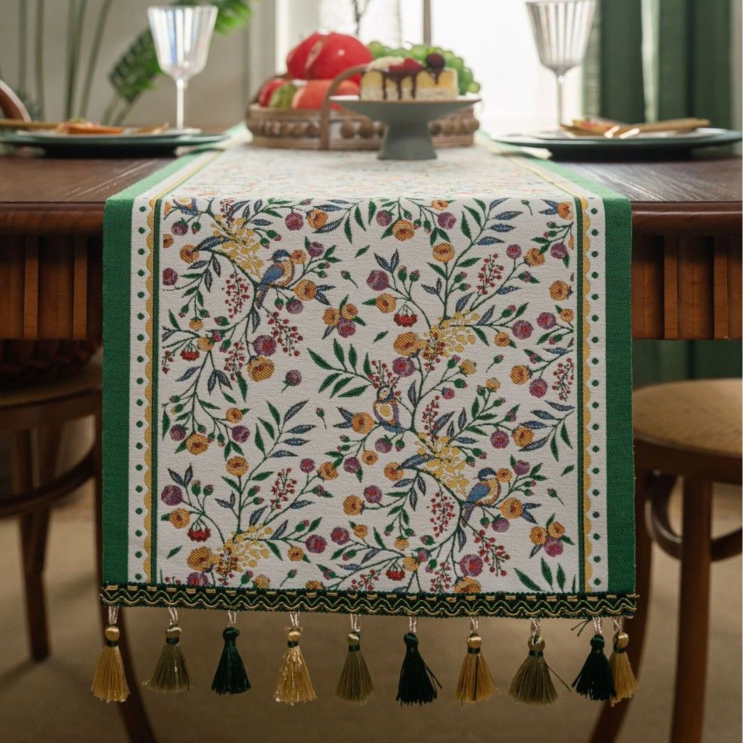 中式古典桌旗绿色提花长条餐桌布茶几电视柜氛围装饰盖布