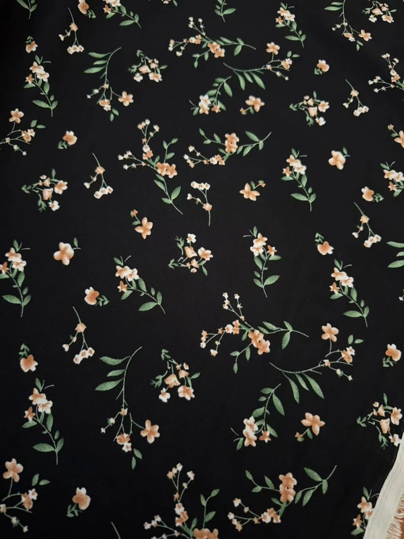 佐织麻布料（无弹）HZZM0191 黑底绿叶花 可做夏季连衣裙 寸衣面料