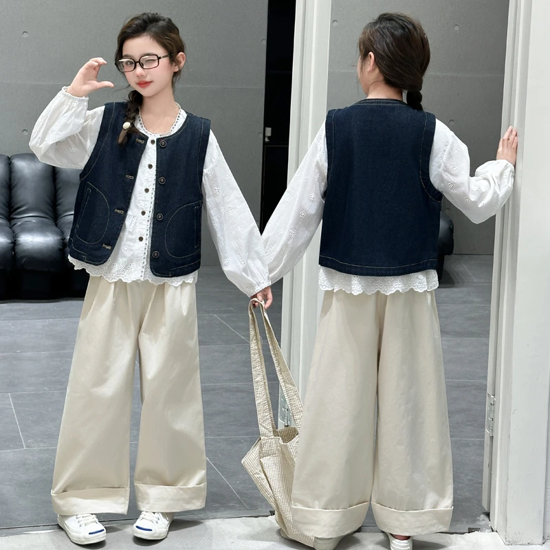 女童春秋套装2025新款6-12岁15岁中大童装洋气休闲牛仔马甲三件套