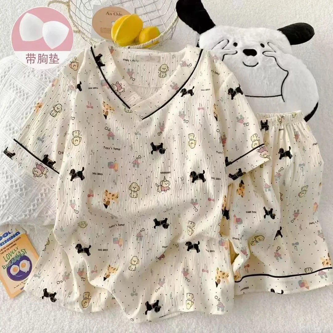 带胸垫v领云朵棉可盐可甜小清新简约睡衣无痕短袖甜美新款家居服