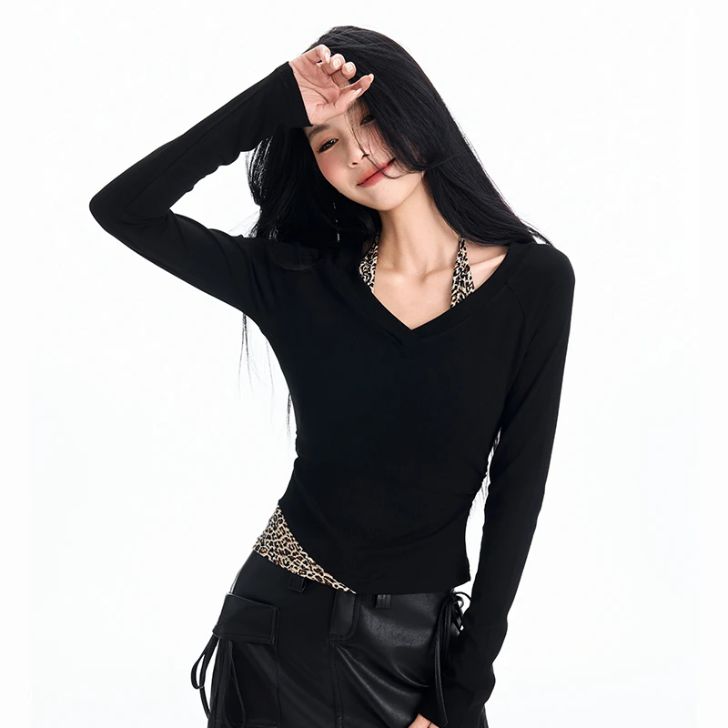 韩系黑色新款时尚个性修身系带挂脖豹纹拼接假两件上衣