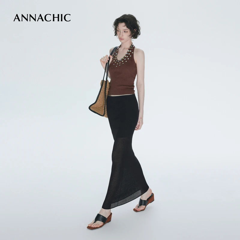 ANNACHIC高阶优雅_透感网纱针织半身裙女_修身辣妹a字包臀裙/长裙