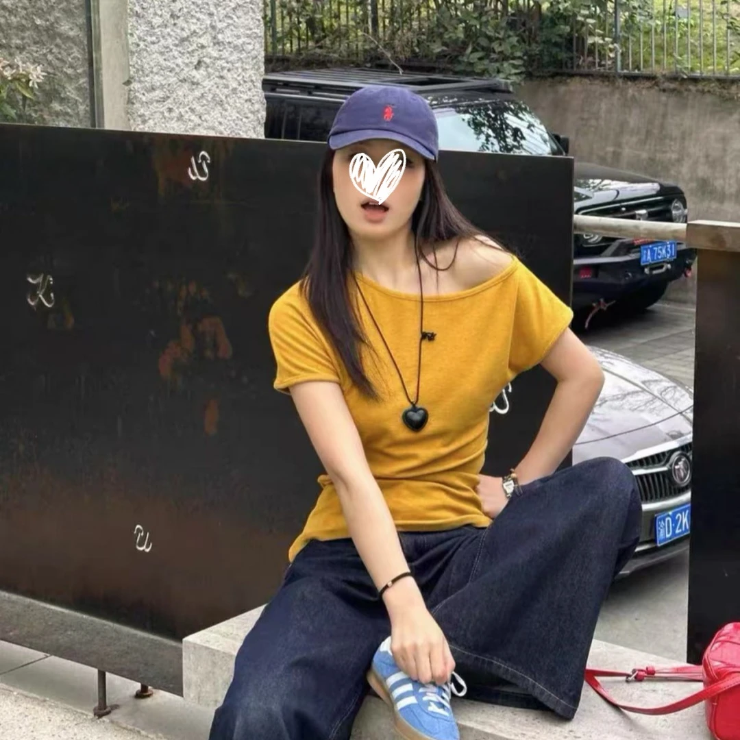 春季时尚显瘦气质纯色T恤百搭小众休闲斜领露肩潮流设计感短袖