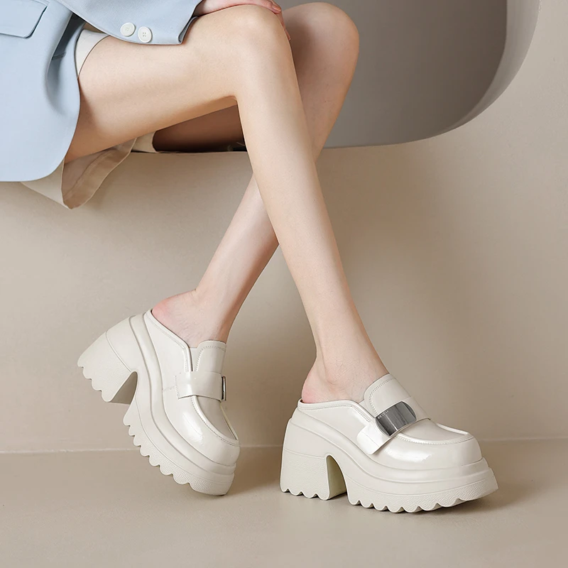 牛皮/10cm高跟厚底半拖鞋女夏外穿真皮包头凉拖鞋小个子松糕拖鞋