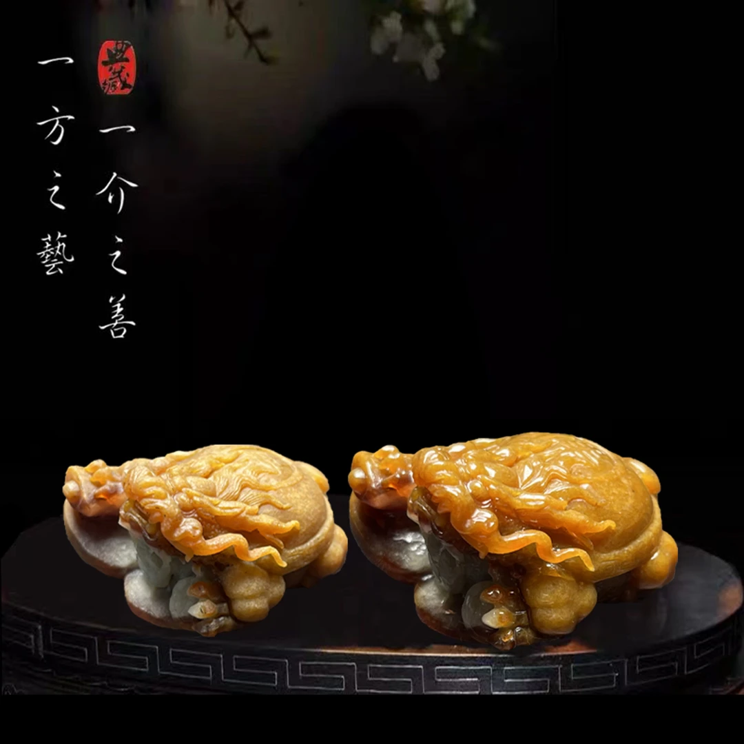 【已结缘】合一堂翡翠工作室定制展示：糯冰褐黄色《龙龟献宝》展示