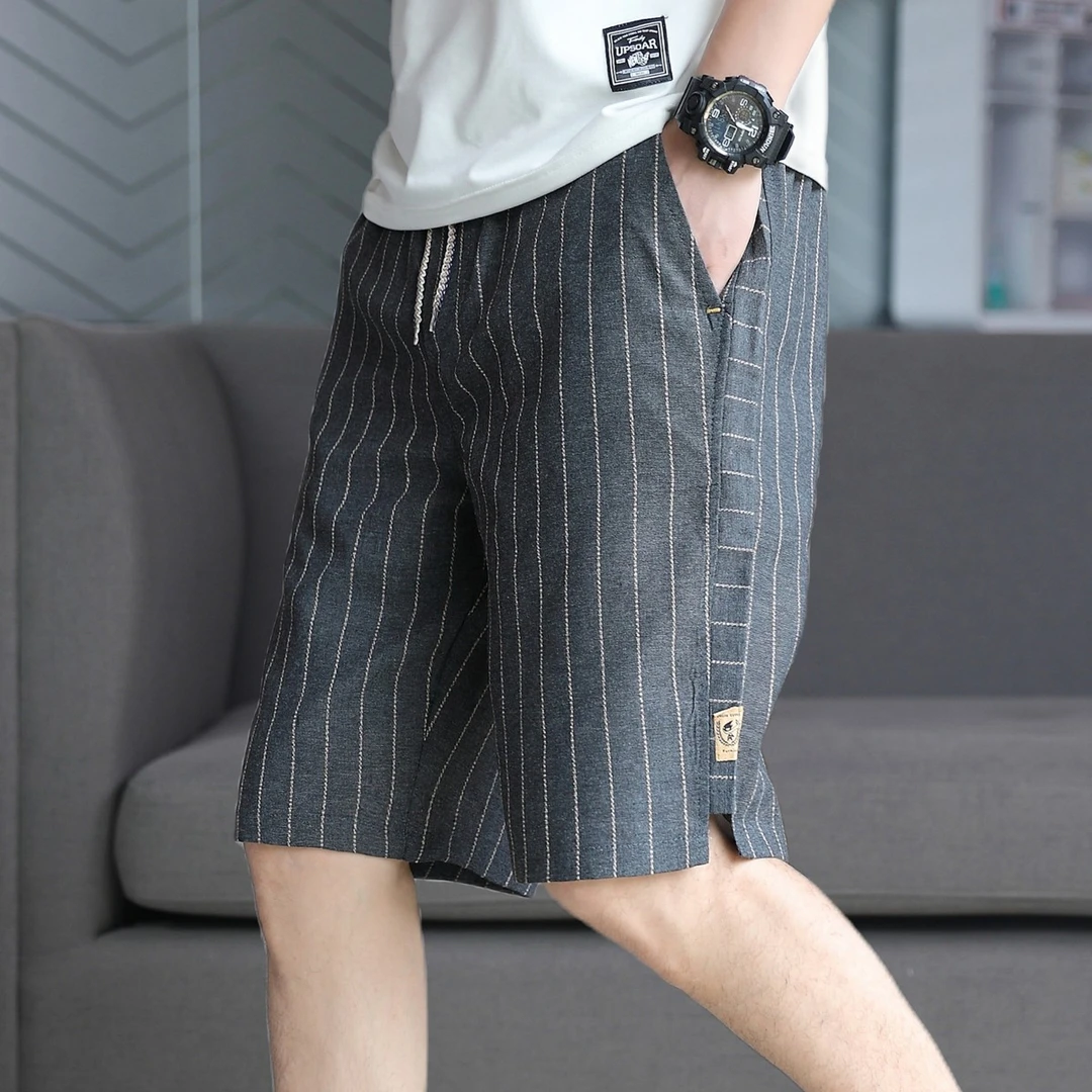 亚麻条纹短裤男夏季薄款直筒宽松棉麻透气休闲短裤子男士休闲五分