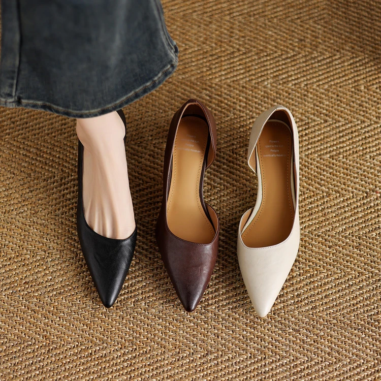 诗宝斐尔 小粗跟5CM法式尖头侧空高跟鞋女春真皮气质百搭浅口单鞋