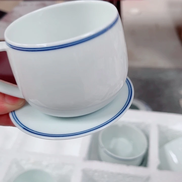 青花玲珑手绘双线蓝边咖啡杯