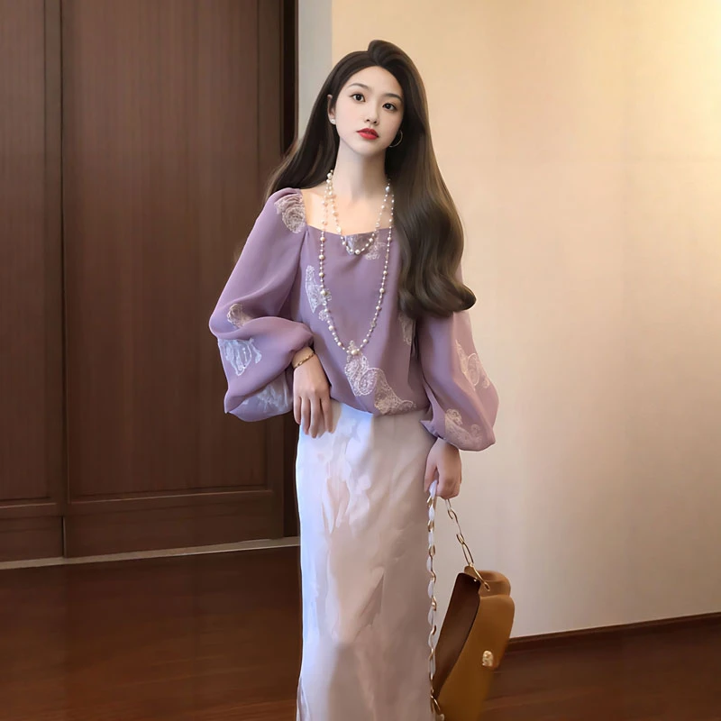 御姐风超好看印花上衣半身裙两件套装大方得体穿搭一整套2026冬季