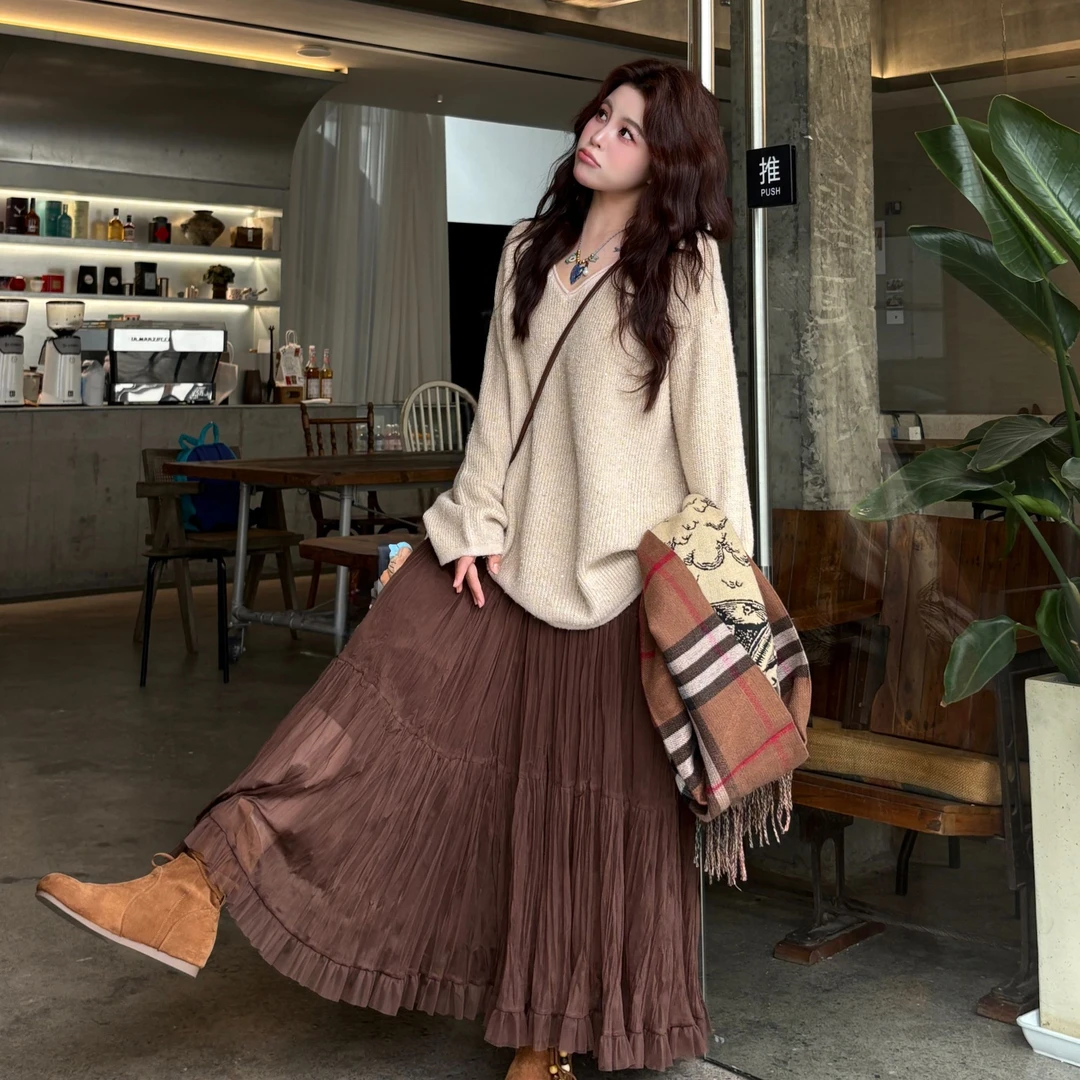 晶咕【早秋朦胧】时尚大摆裙气质百褶中长款百搭纱裙