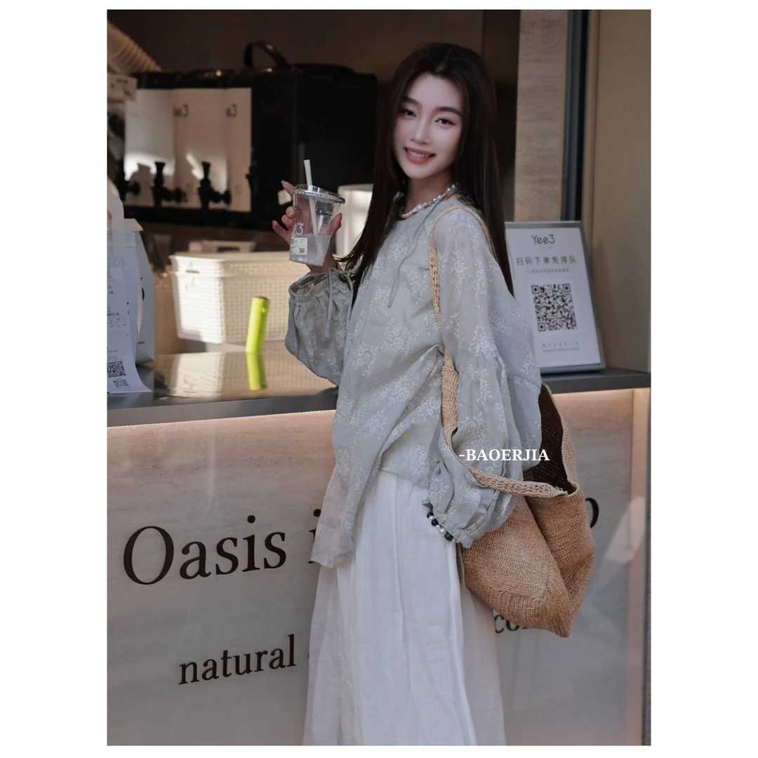 2-宝儿家含幂BK86125104春夏新款仙气温柔风数码印花超细苎麻衬衣