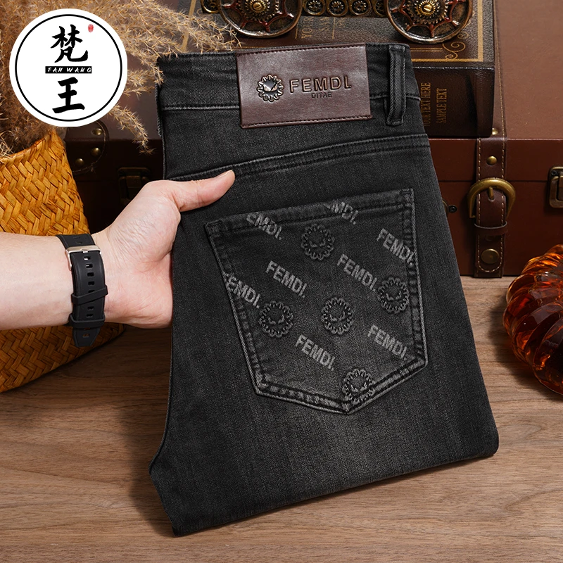 梵王春季新款男士牛仔裤高端轻奢黑灰修身小直筒休闲弹力长裤6266