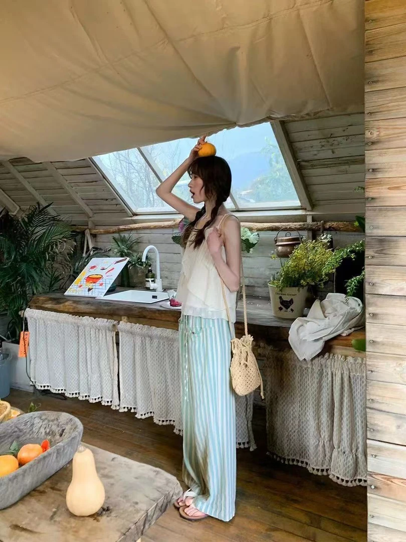 小雅姐姐   爱心纽扣条纹夏季INS风慵懒直筒休闲裤IT19