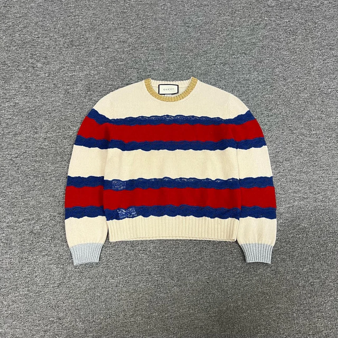 99新 GUCCI/古驰 红蓝 条纹 拼接蕾丝 针织毛衣上衣 xs码