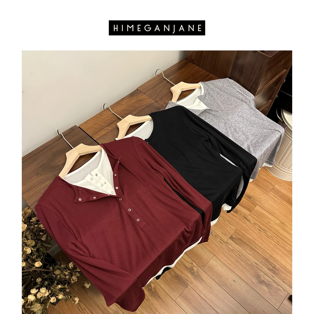 HIMEGANJANE 澳洲天丝绵羊毛亨利领叠穿长袖T恤ROW风假两件 62432