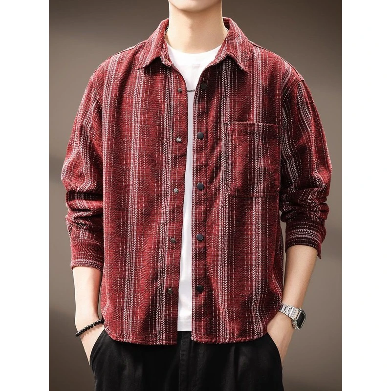 高端雪尼尔条纹提花长袖衬衫男2025秋季新款日系复古纹理休闲外套