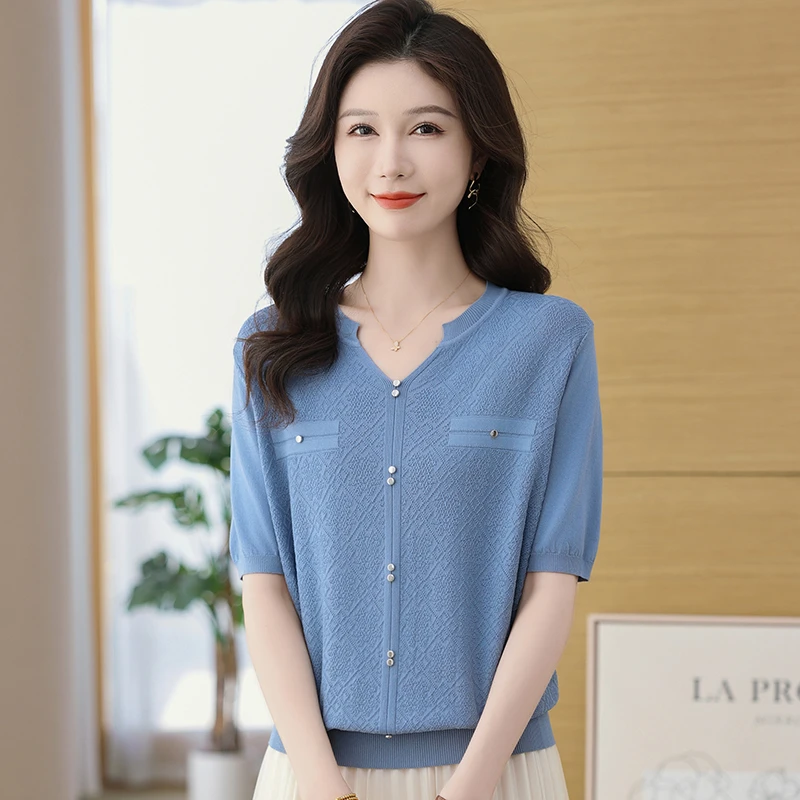 高级感V领纯色短袖夏季薄款气质T恤女洋气百搭大码显瘦半袖上衣