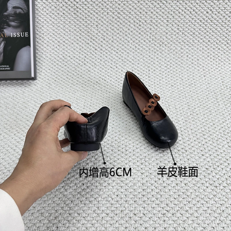 羊皮版内增高6cm小众复古圆头浅口单鞋女松紧纽扣软底平底豆豆鞋