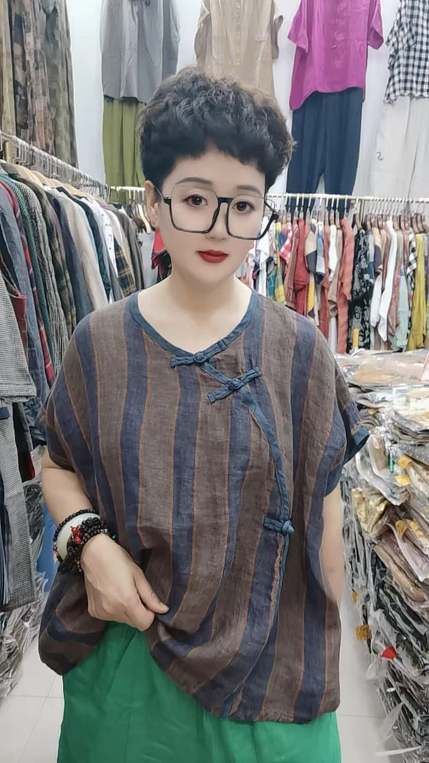 亚麻条纹短袖t恤女2025夏季宽松大码复古休闲