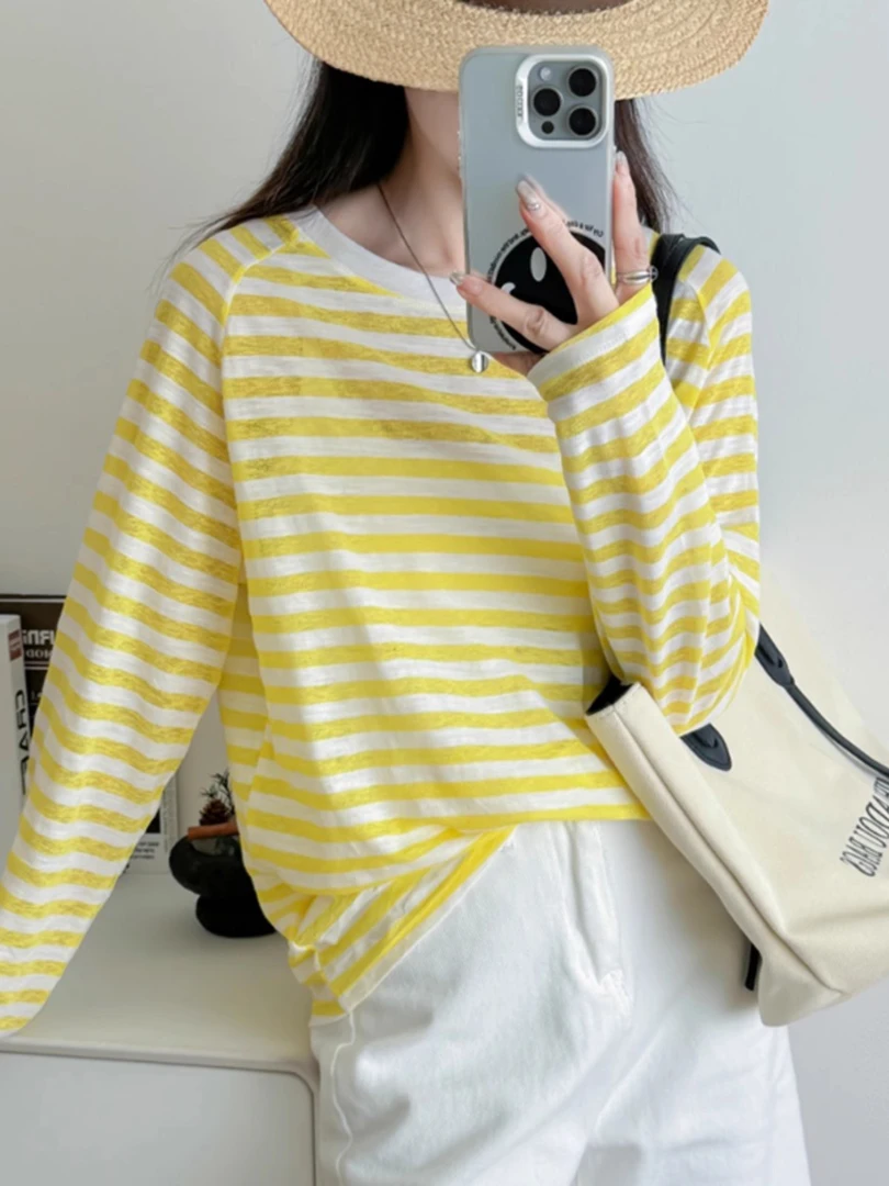 单穿内搭长袖罩衫打底夏日搭配条纹T恤女春夏季时尚休闲宽松上衣