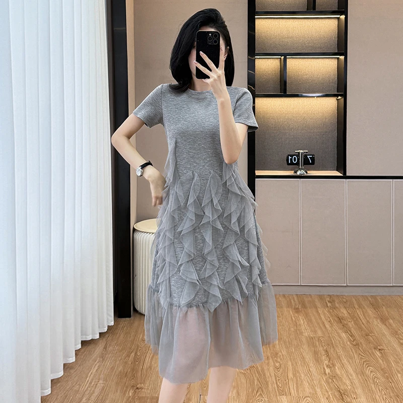 大码宽松夏季正肩短袖轻奢小众炸街高级感女装网纱拼接t恤连衣裙