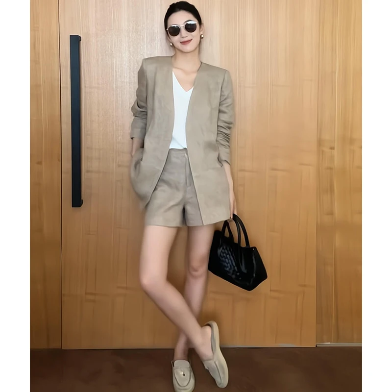 法式老钱风亚麻套装女夏季松弛感气质薄款宽松西装外套短裤两件套